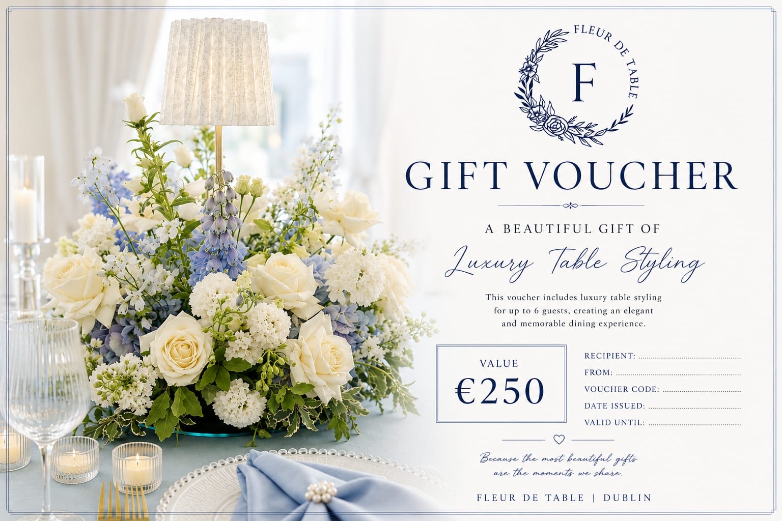 Luxury tablescape gift voucher styling with candles and florals, Dublin